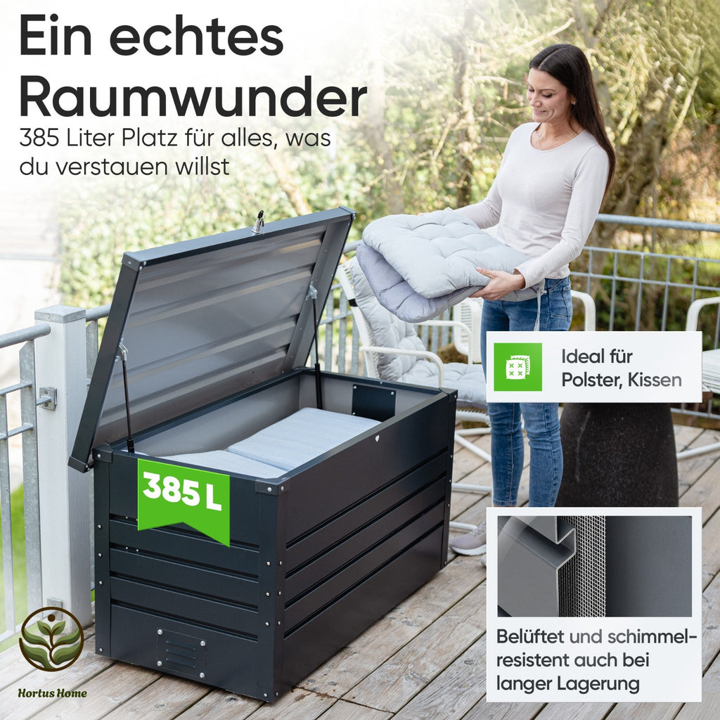 Hortus Home Auflagenbox 385 L – wasserdicht & belüftet, aus Metall