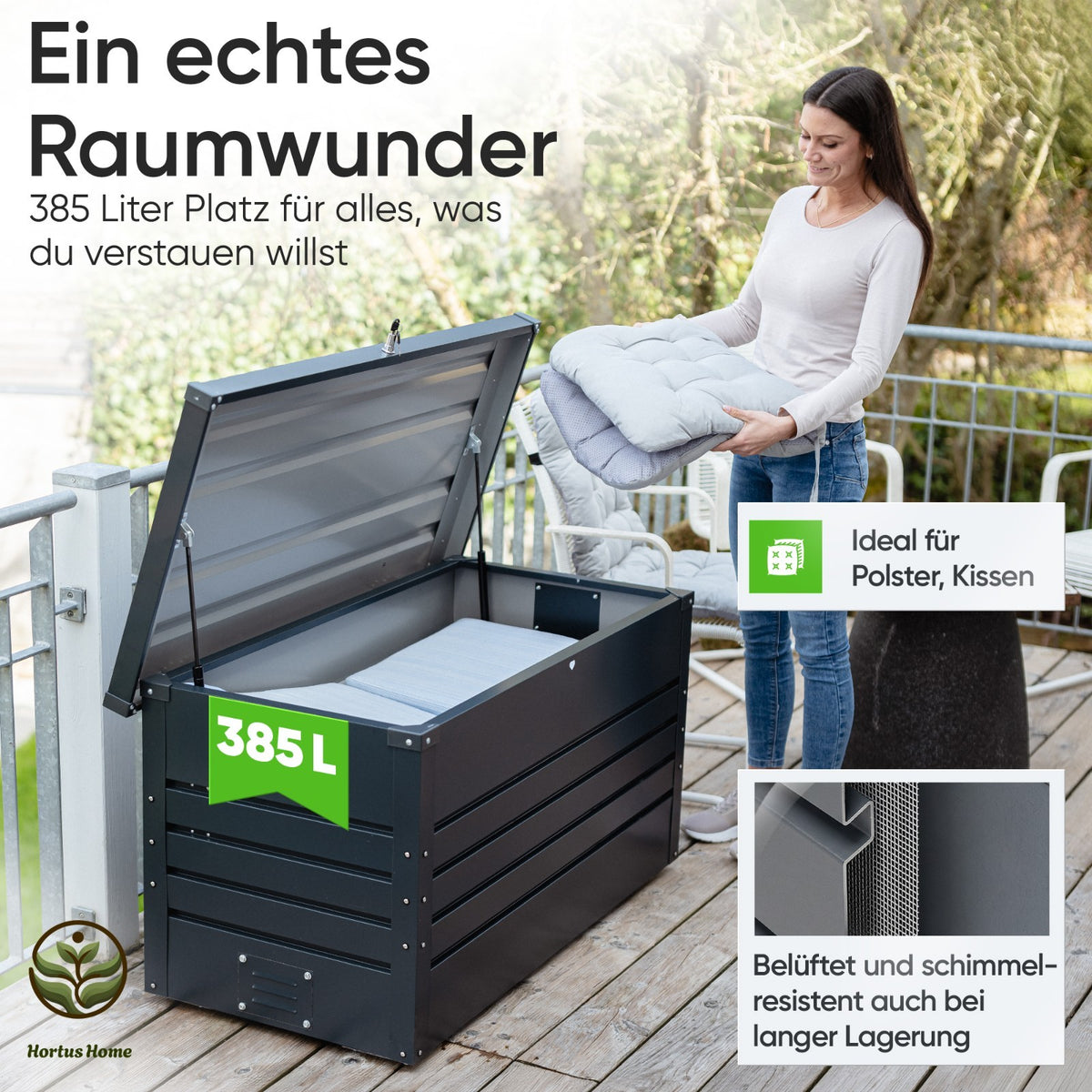 Hortus Home Auflagenbox 385 L – wasserdicht & belüftet, aus Metall