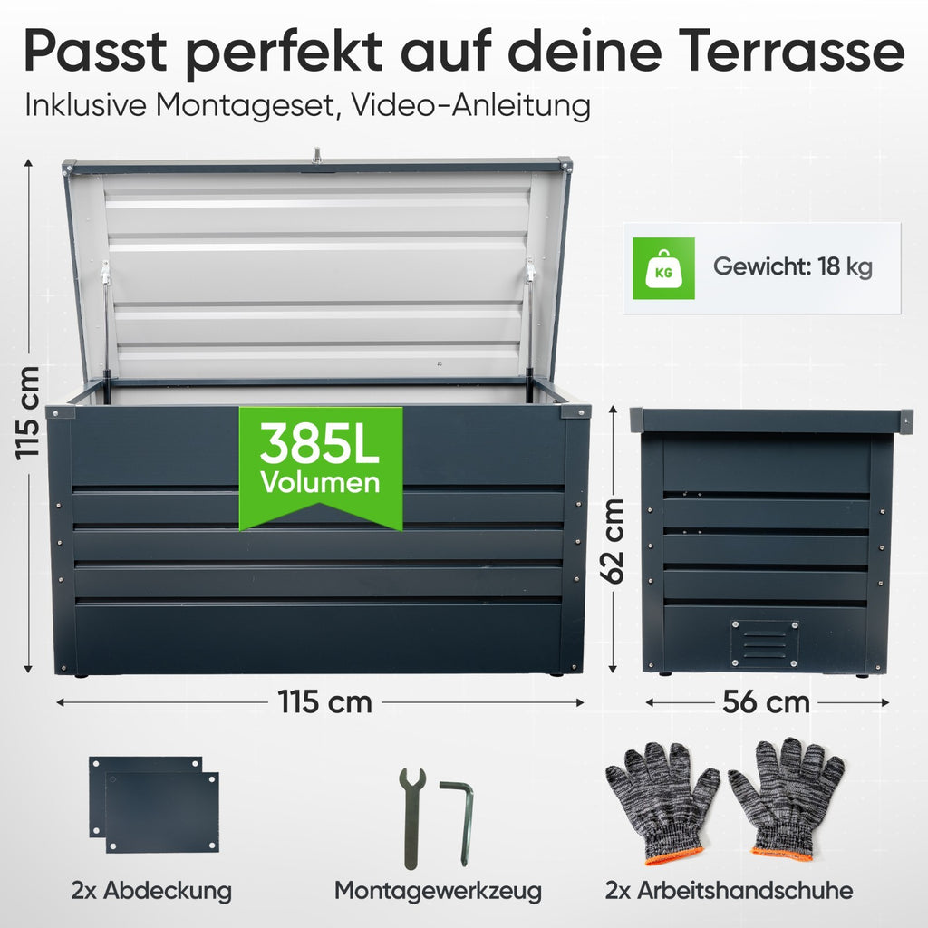 Hortus Home Auflagenbox 385 L – wasserdicht & belüftet, aus Metall