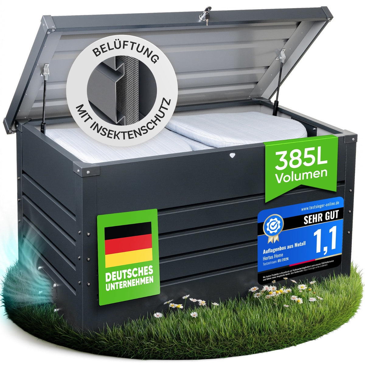 Hortus Home Auflagenbox 385 L – wasserdicht & belüftet, aus Metall